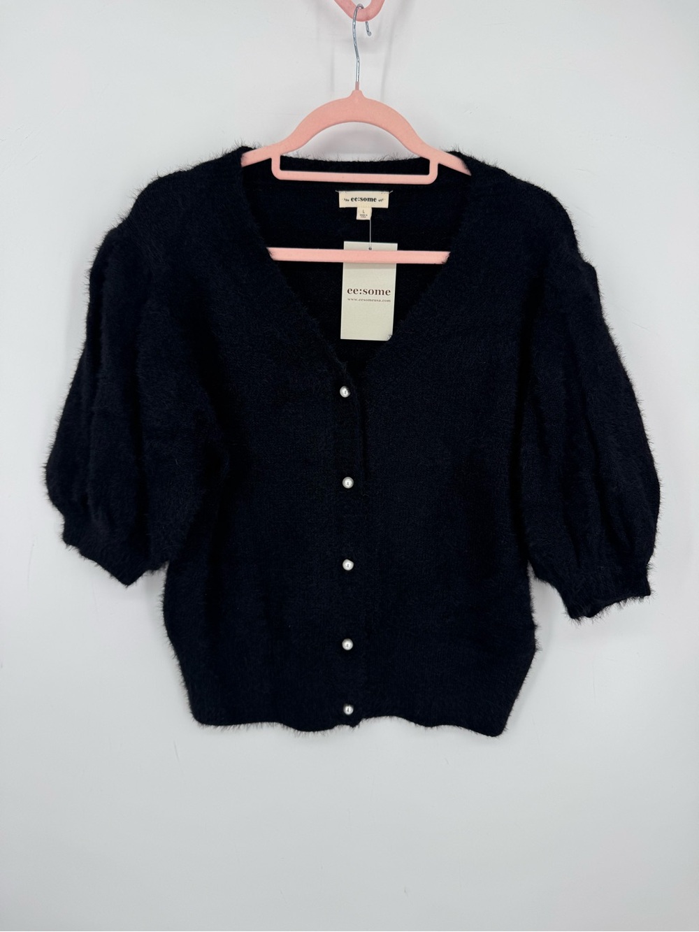 ee:some Boutique Fuzzy Black Short Sleeve Cardigan Pearl Buttons Size Large NWT